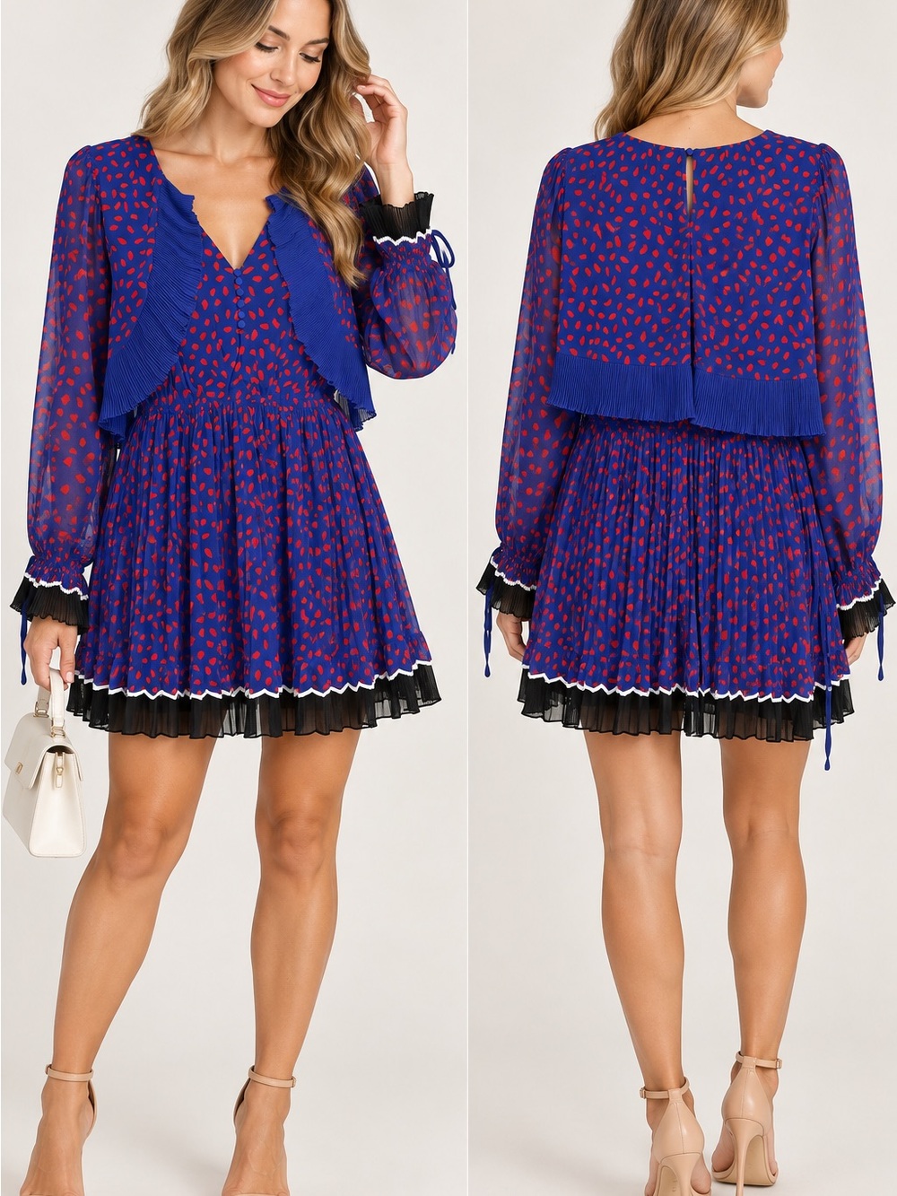 Self-Portrait Crescent Chiffon Printed Cape Dress Blue Red Pleated Mini NWT US 6